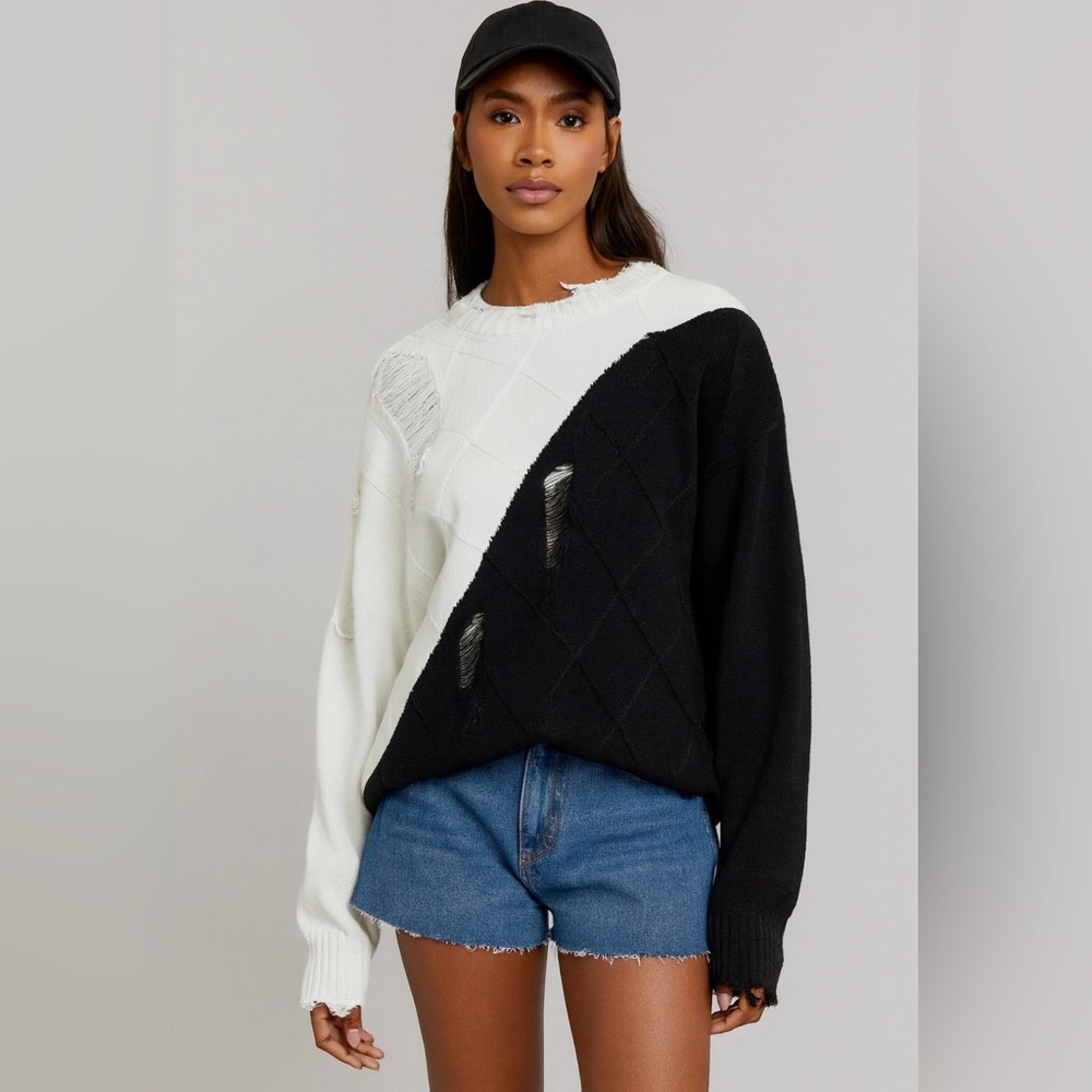 NWT Decker Knit Distressed Womens Sweater S Black White Cold Shoulder Oversized